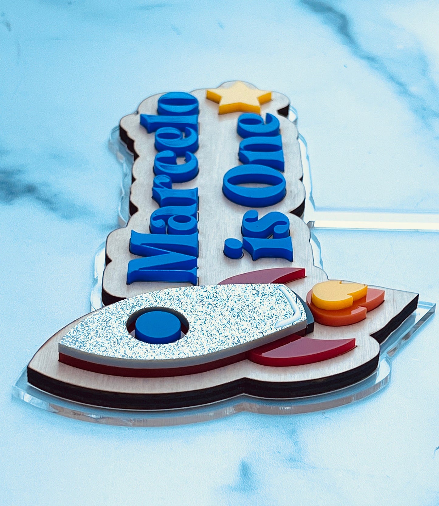 Spaceship cake topper, Rocket cake topper, Wooden cake topper, Personalized cake topper, Layered cake topper acrylic, Birthday cake topper
