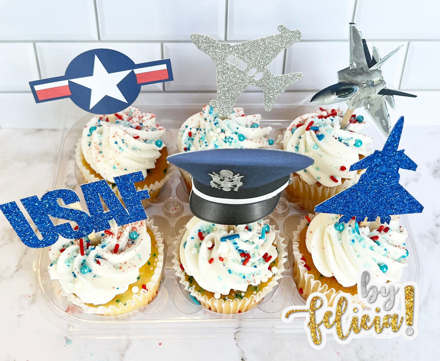 Air Force Cupcake Toppers: Glitter Planes Graduation Party Decorations
