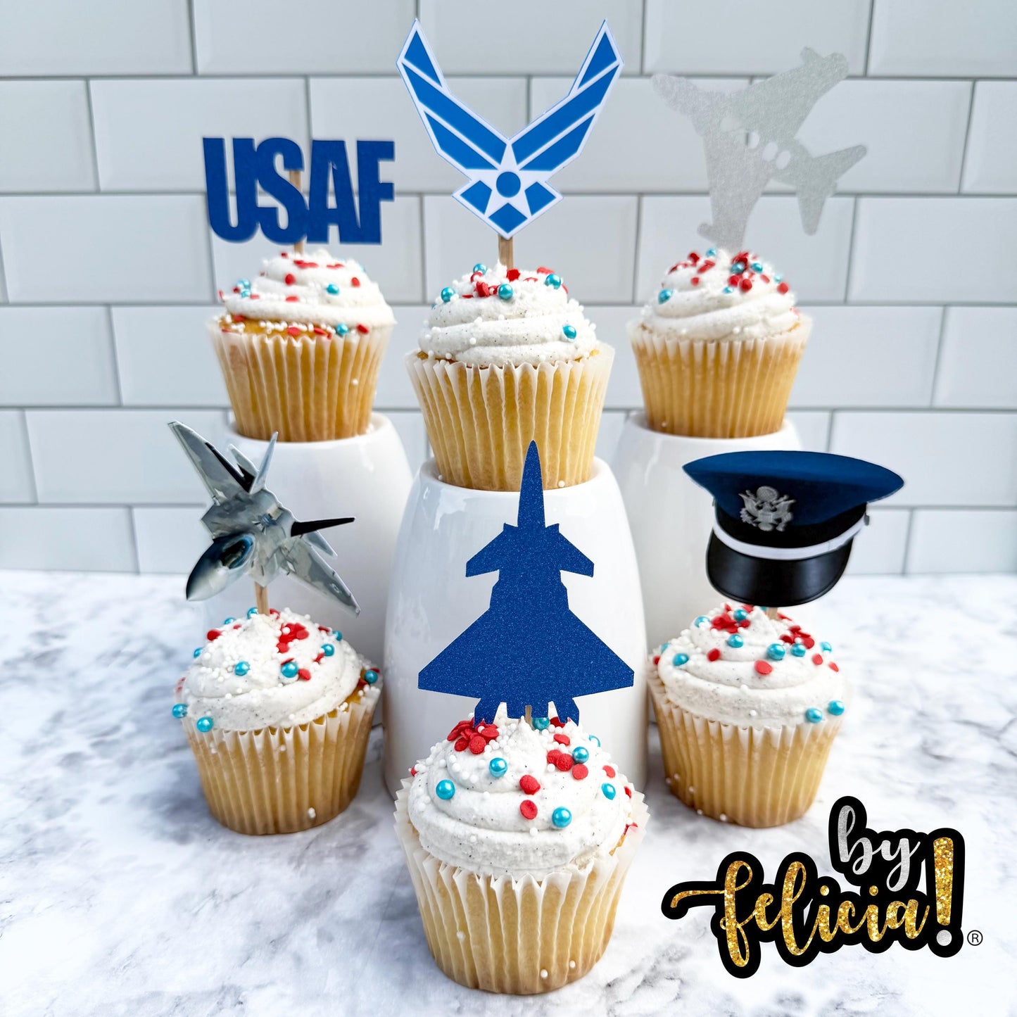 Air Force Cupcake Toppers: Glitter Planes Graduation Party Decorations