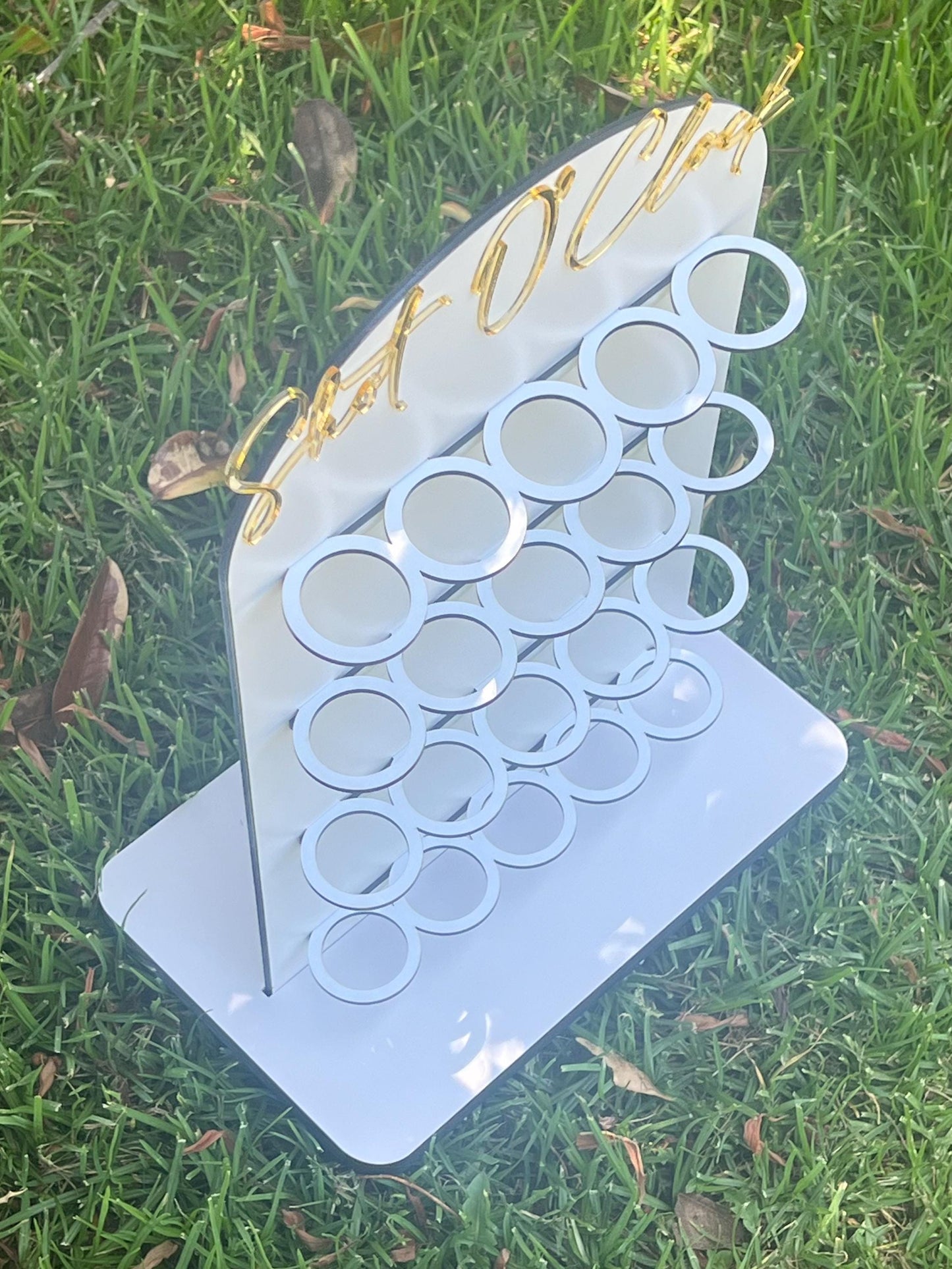 Personalized Shot Glass Display: Baltic Plywood Wedding Party Stand