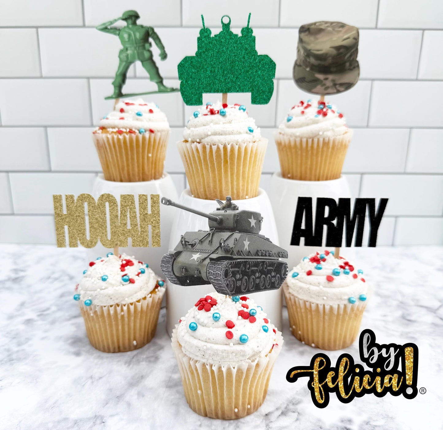 Army Cupcake Toppers: Soldier, Tank, Camo Party Decorations