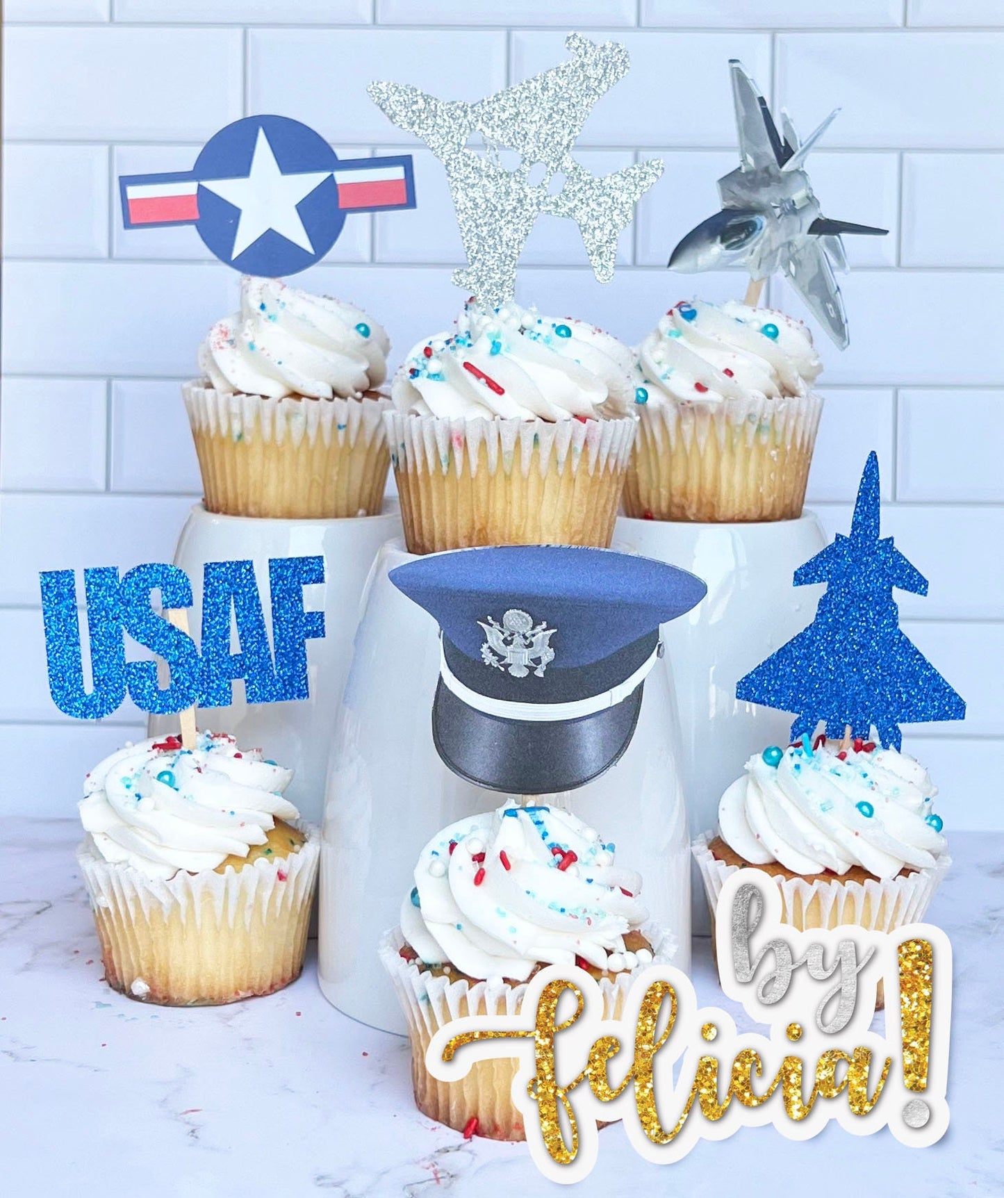 Air Force Cupcake Toppers: Glitter Planes Graduation Party Decorations