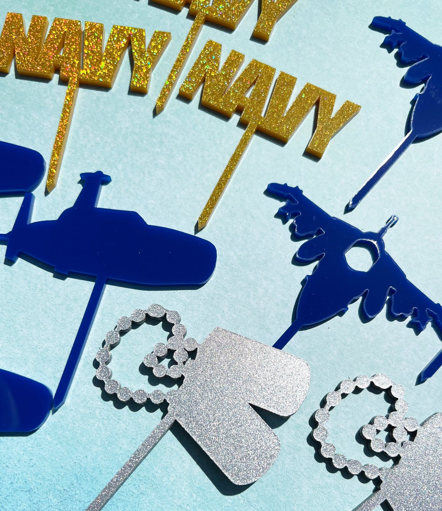 Acrylic Navy Cupcake Toppers: Fighter Jets, Dog Tags, Submarines