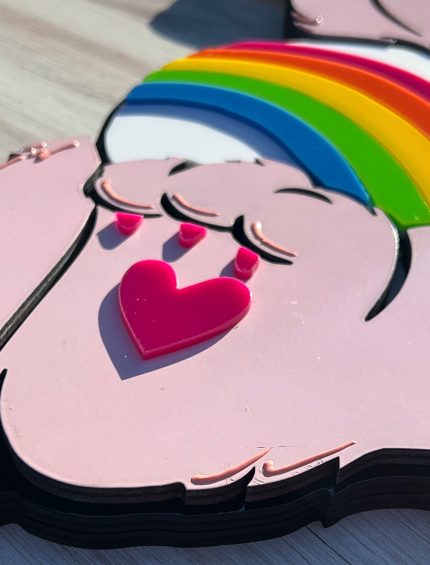 Custom Care Bear Cheer Bear Plaque: Handmade Birch & Acrylic