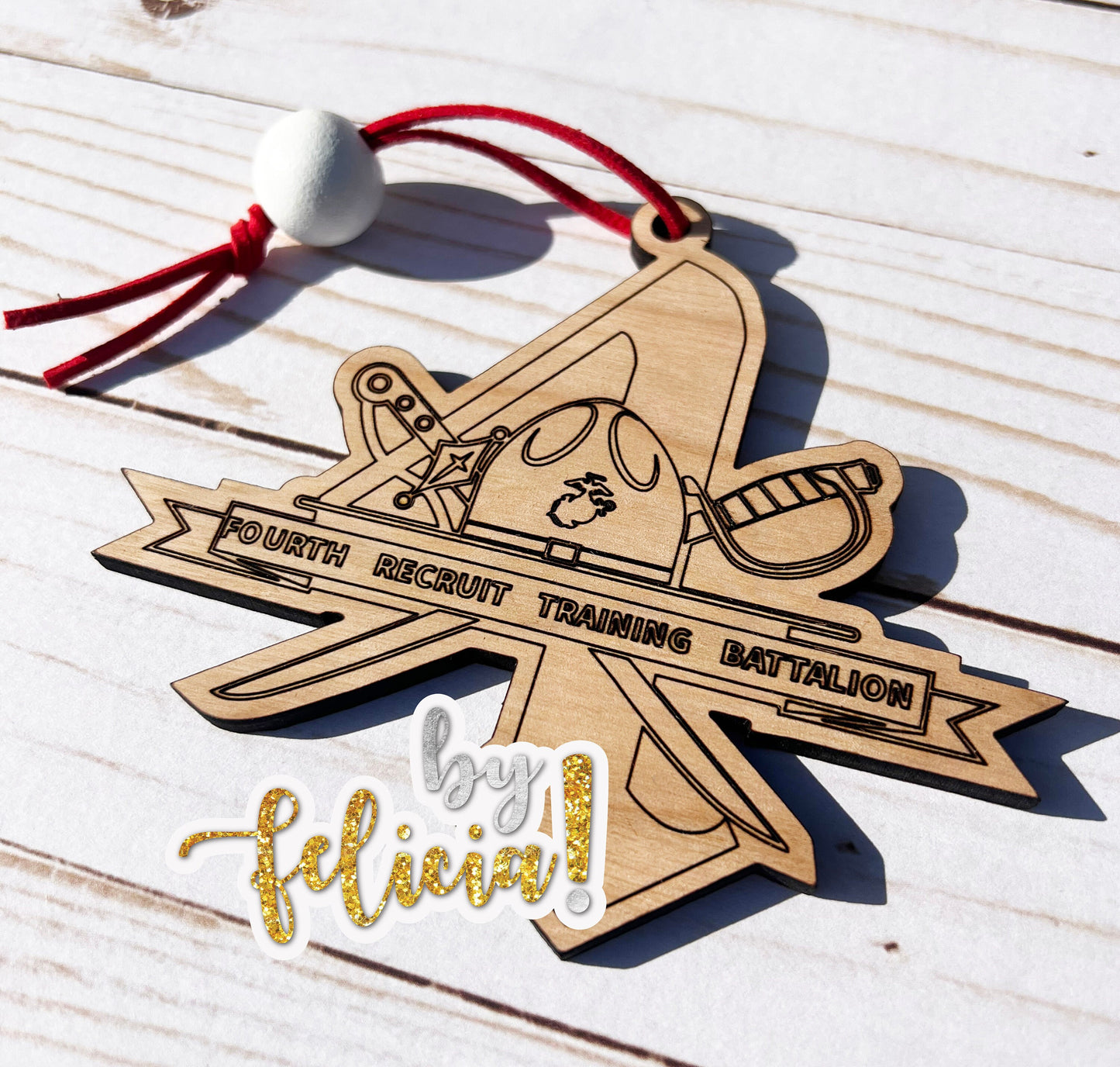 4th Battalion USMC Ornament: Laser Engraved Red Oak Wood