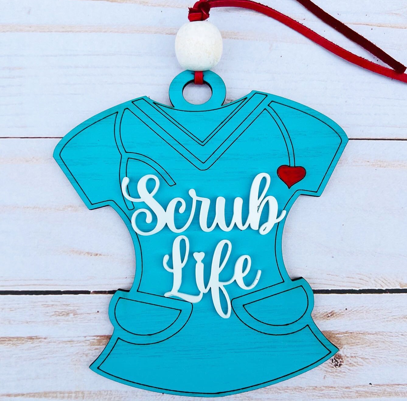 Nurse Car Charm: Red Oak Wood Ornament, Scrub Life Gift