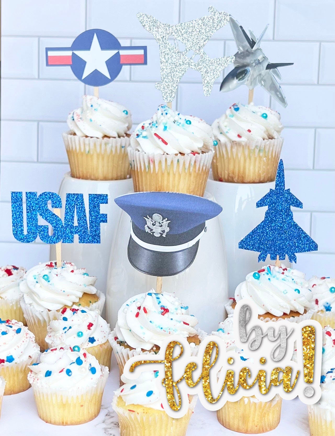 Air Force Cupcake Toppers: Glitter Planes Graduation Party Decorations