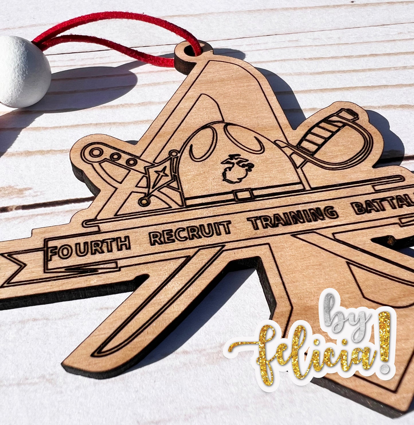 4th Battalion USMC Ornament: Laser Engraved Red Oak Wood