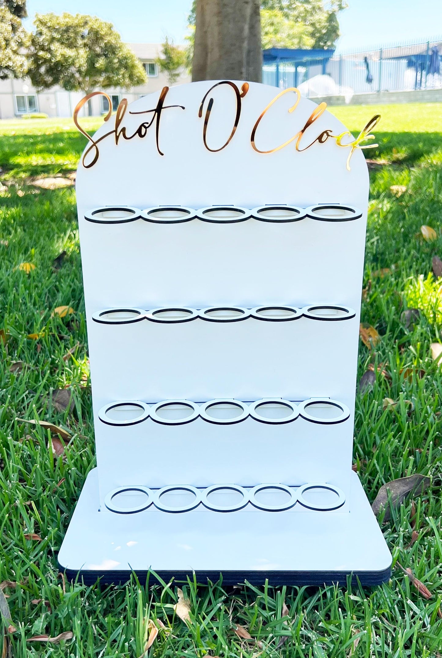 Personalized Shot Glass Display: Baltic Plywood Wedding Party Stand