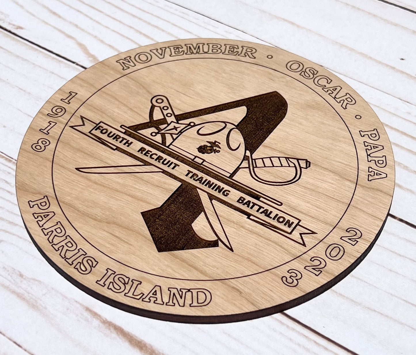 Handmade USMC Retirement Plaque: Laser Engraved Red Oak, 4th Battalion