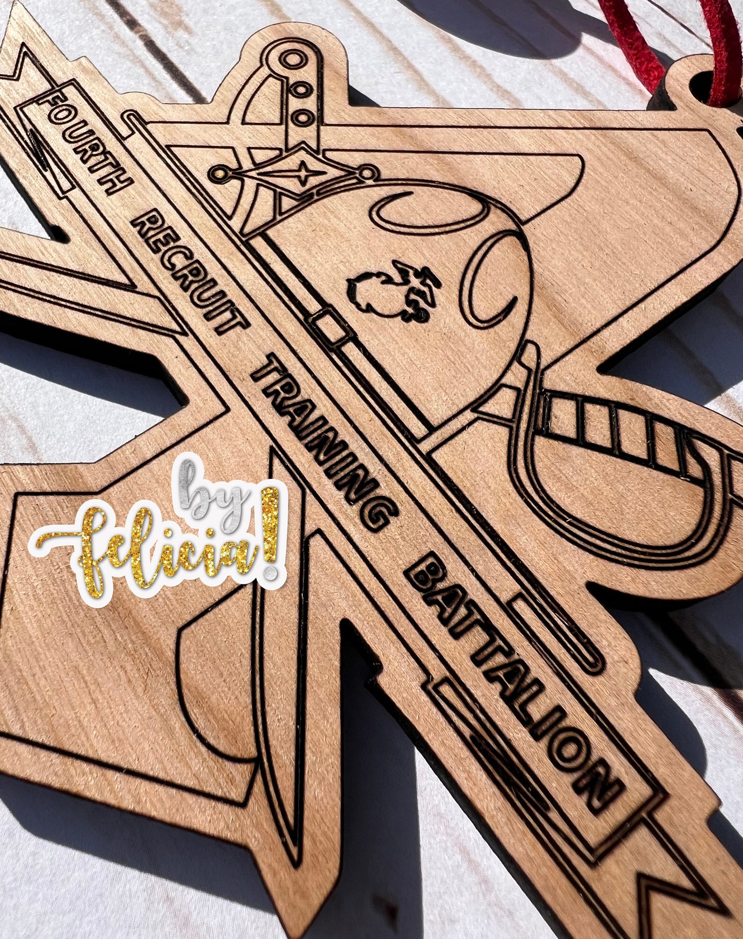 4th Battalion USMC Ornament: Laser Engraved Red Oak Wood