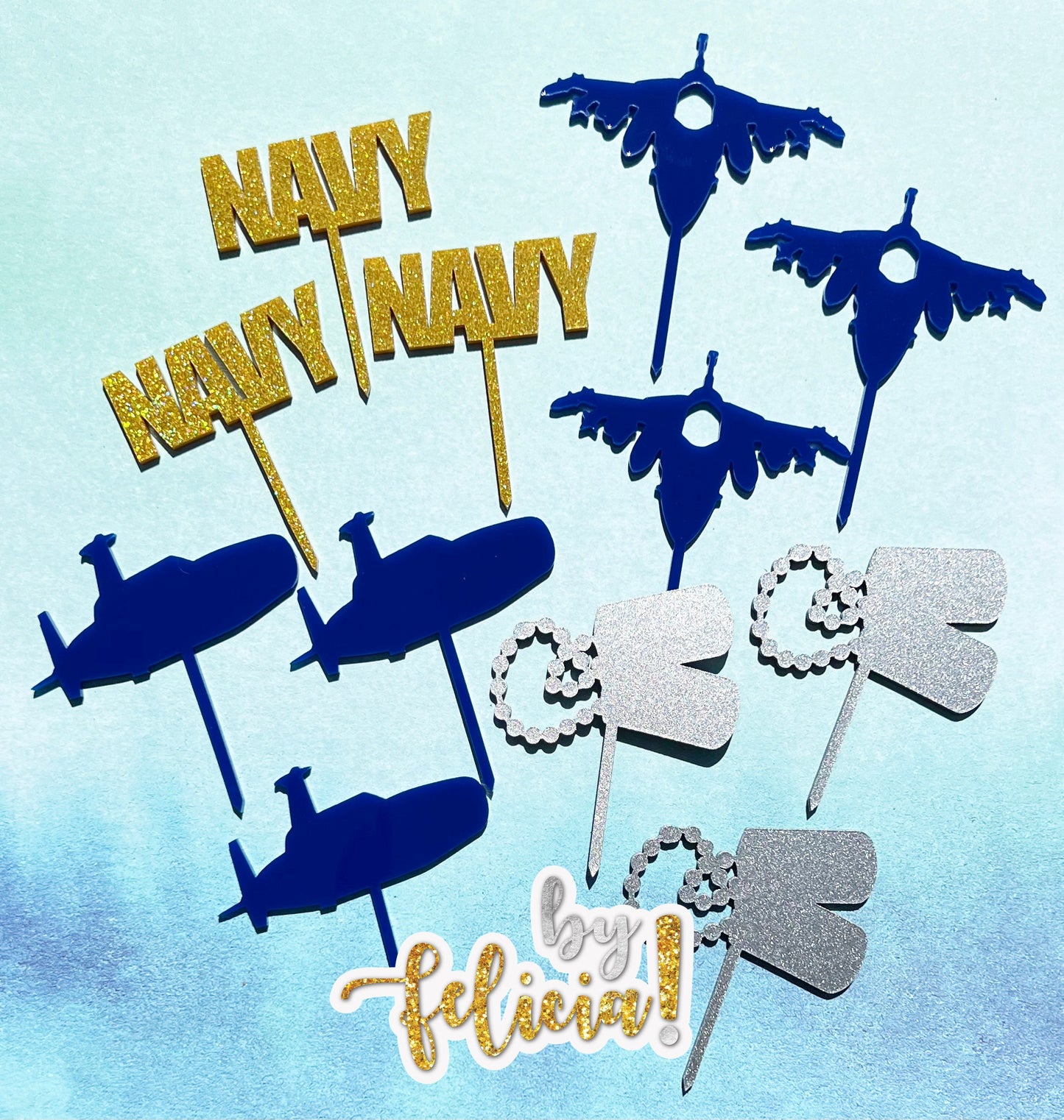 Acrylic Navy Cupcake Toppers: Fighter Jets, Dog Tags, Submarines