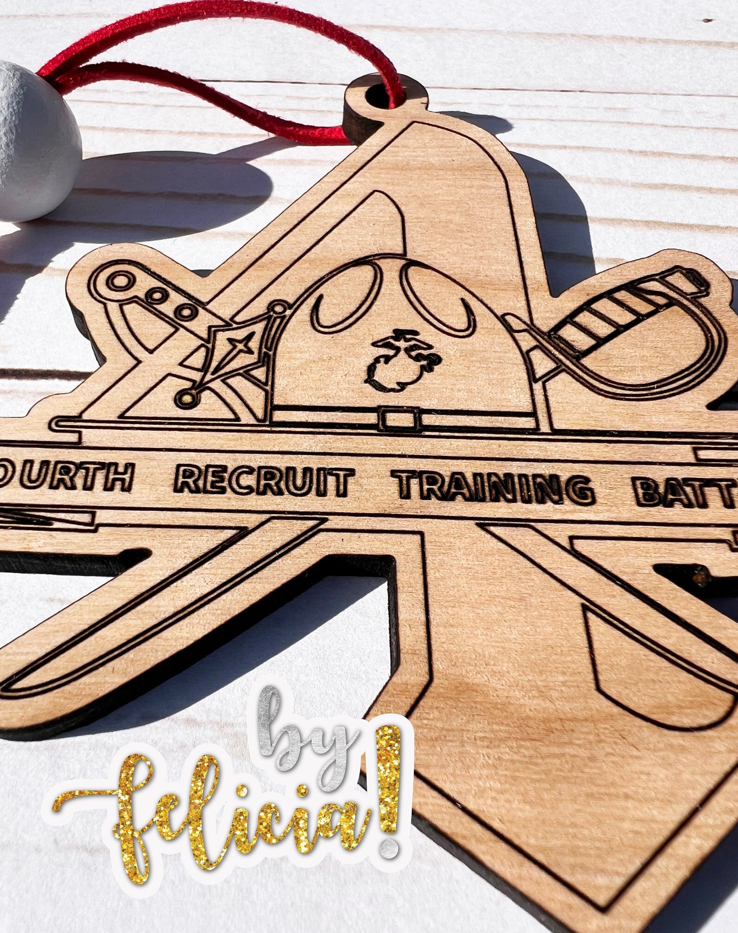 4th Battalion USMC Ornament: Laser Engraved Red Oak Wood