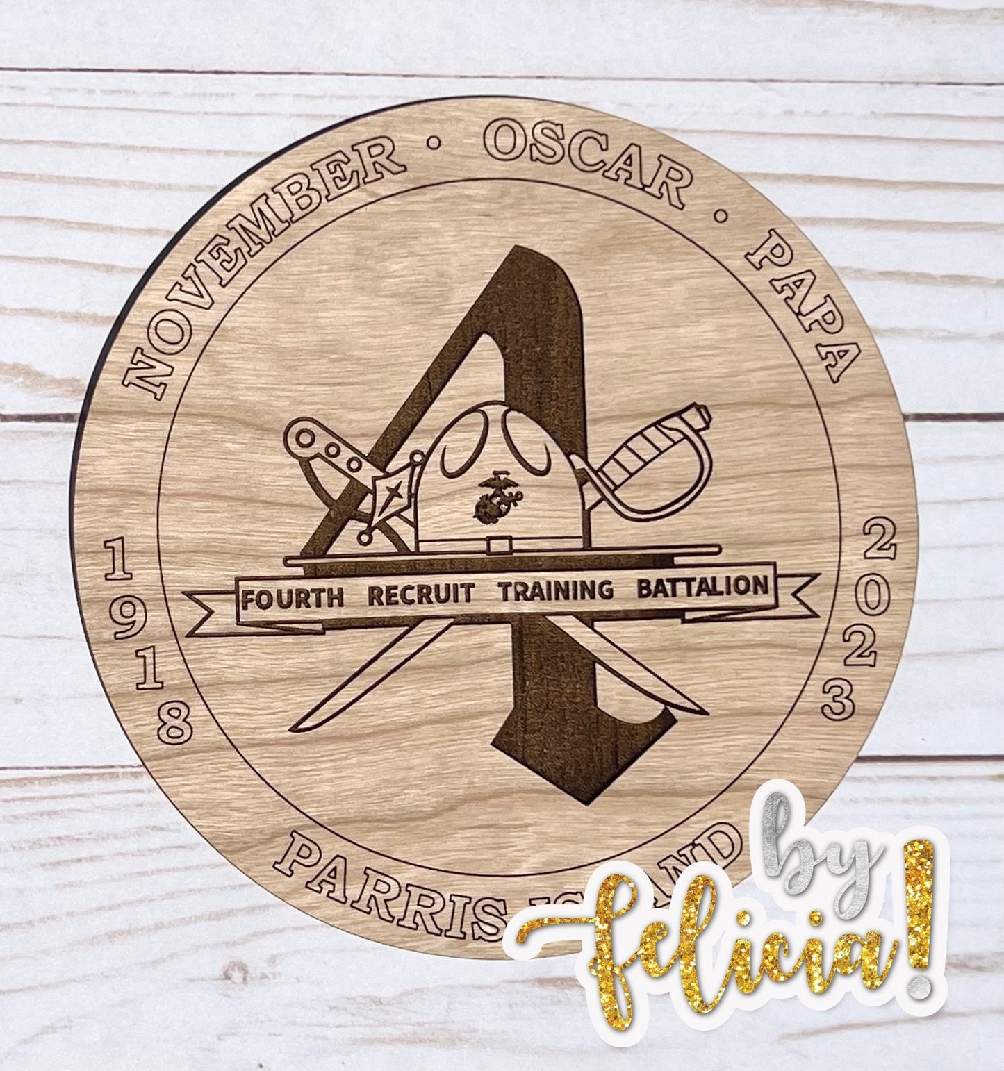 Handmade USMC Retirement Plaque: Laser Engraved Red Oak, 4th Battalion