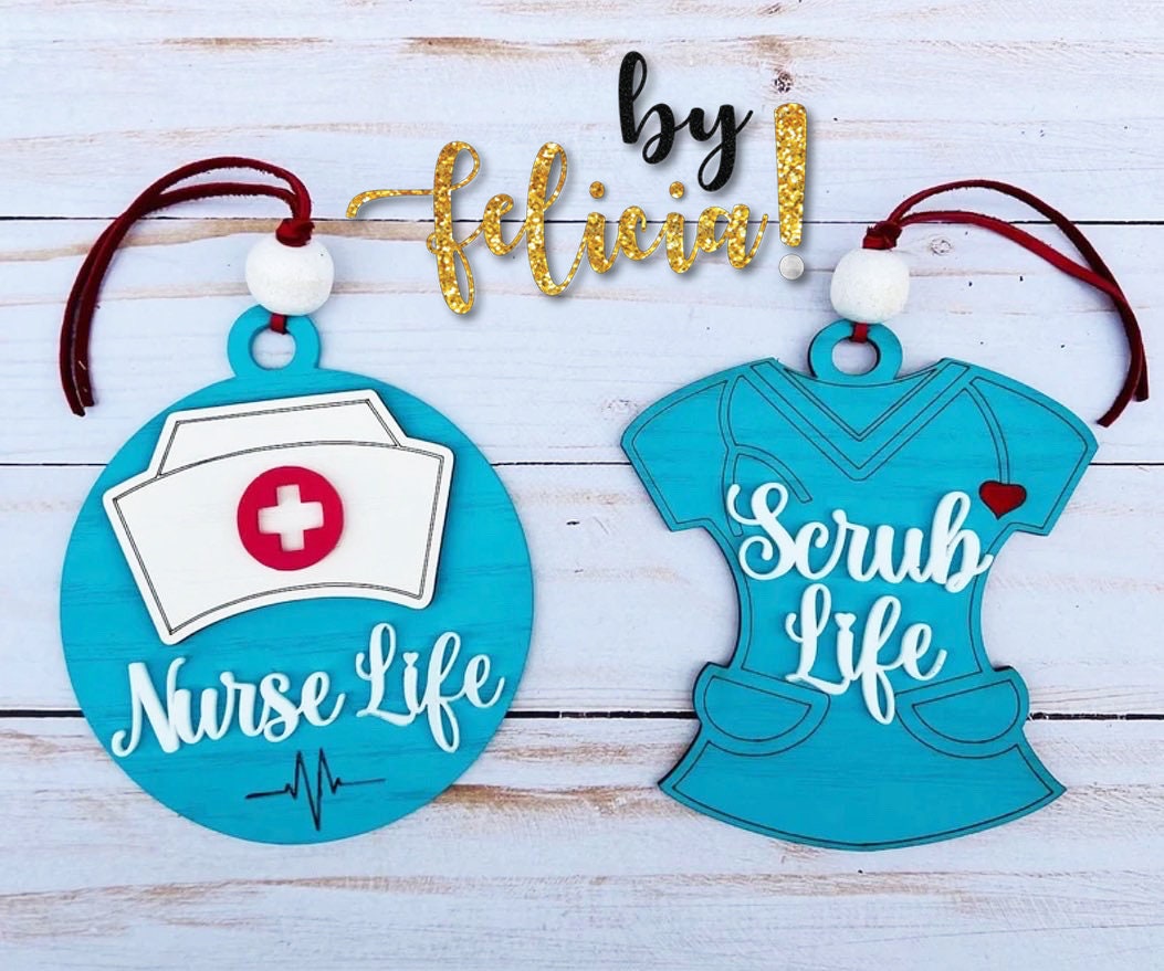 Nurse Car Charm: Red Oak Wood Ornament, Scrub Life Gift