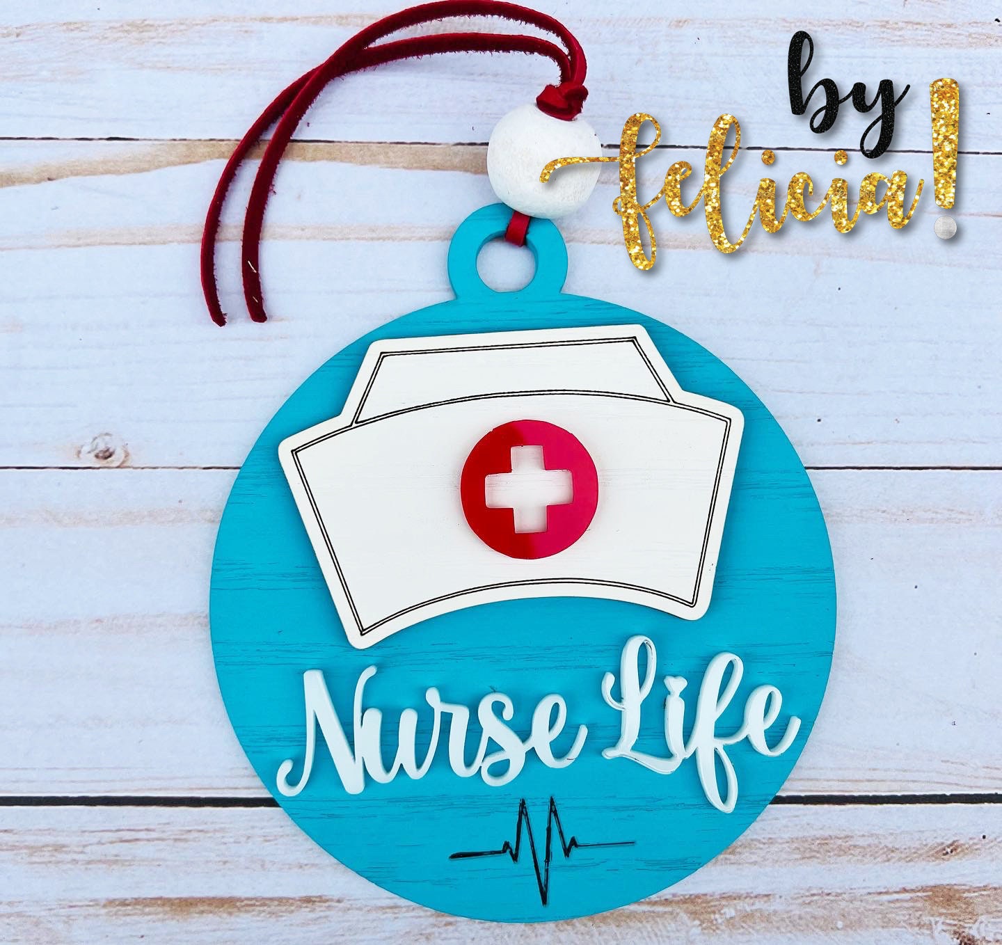 Nurse Car Charm: Red Oak Wood Ornament, Scrub Life Gift